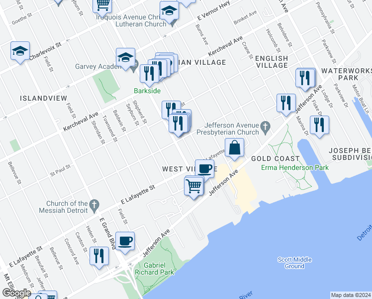 map of restaurants, bars, coffee shops, grocery stores, and more near 1050 Van Dyke Street in Detroit
