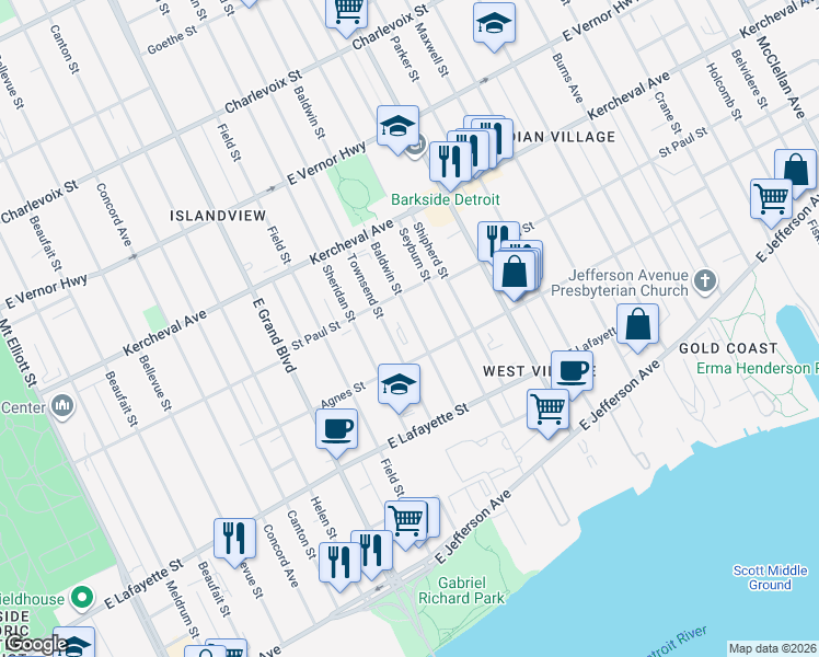 map of restaurants, bars, coffee shops, grocery stores, and more near 1421 Baldwin Street in Detroit