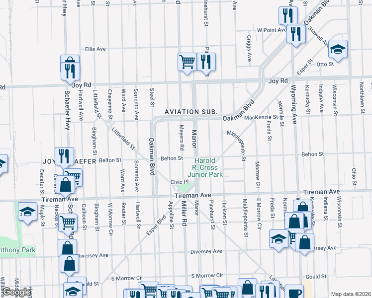 map of restaurants, bars, coffee shops, grocery stores, and more near 8200 Meyers Road in Detroit