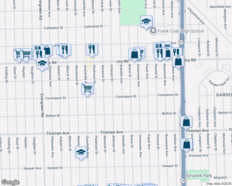 map of restaurants, bars, coffee shops, grocery stores, and more near 8316 Artesian Street in Detroit
