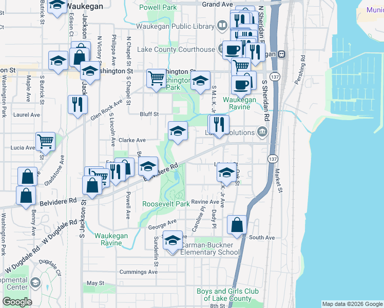 map of restaurants, bars, coffee shops, grocery stores, and more near 421 Belvidere Street in Waukegan