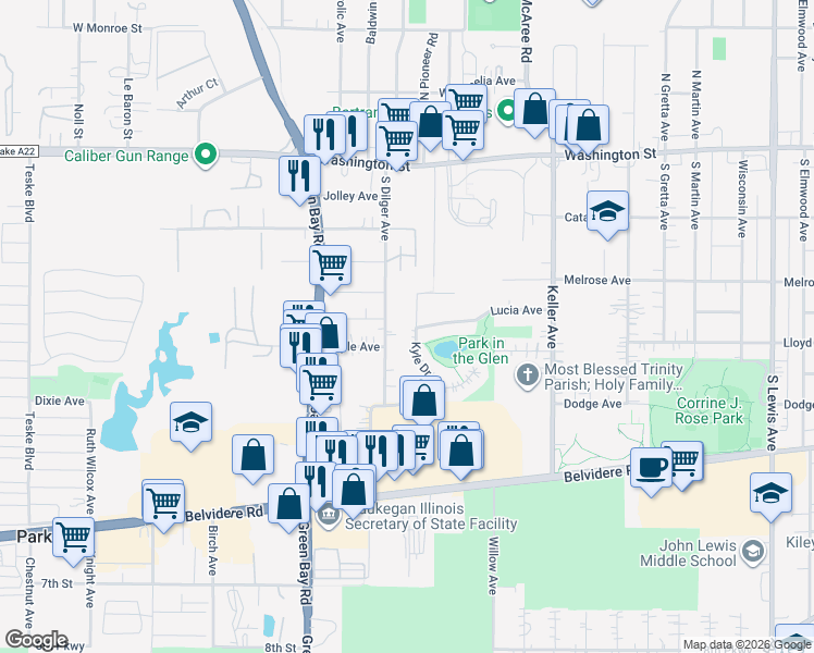 map of restaurants, bars, coffee shops, grocery stores, and more near 306 Kyle Drive in Waukegan