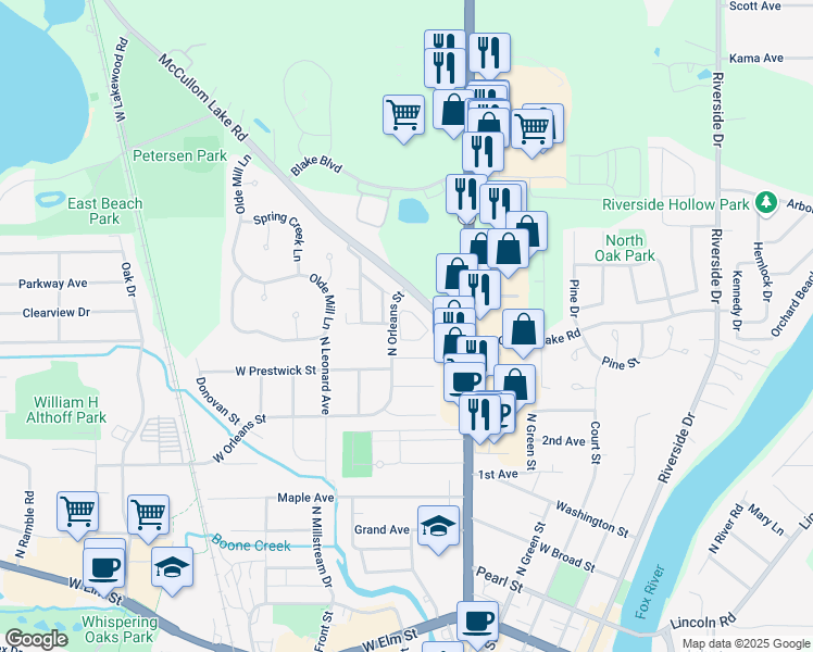map of restaurants, bars, coffee shops, grocery stores, and more near 1817 North Orleans Street in McHenry