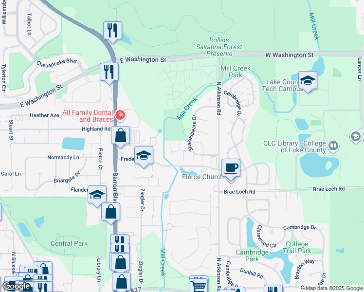 map of restaurants, bars, coffee shops, grocery stores, and more near 770 Dillon Court in Grayslake