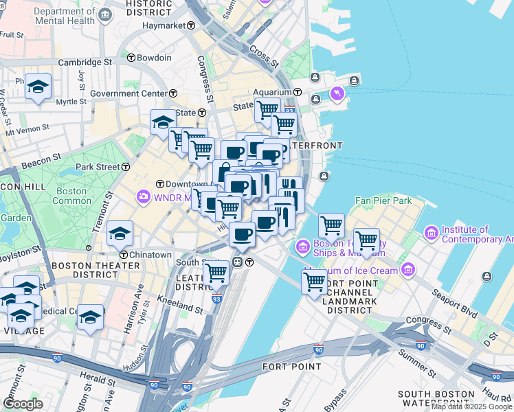map of restaurants, bars, coffee shops, grocery stores, and more near 230 Congress Street in Boston