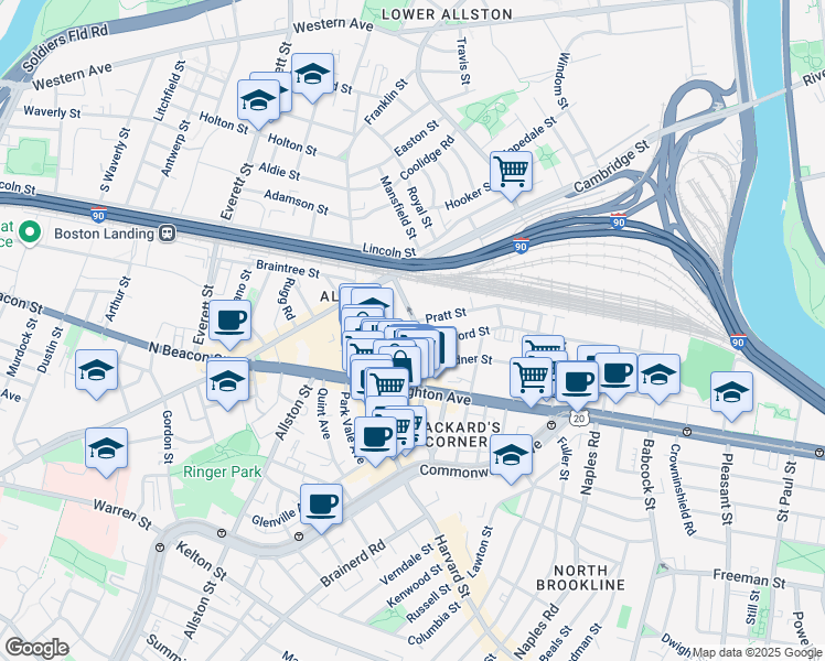 map of restaurants, bars, coffee shops, grocery stores, and more near 44 Linden Street in Boston