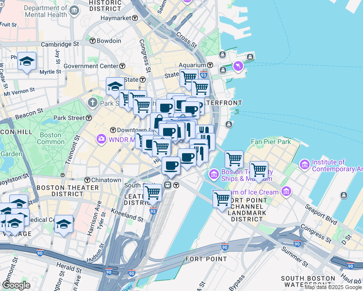 map of restaurants, bars, coffee shops, grocery stores, and more near 230 Congress Street in Boston