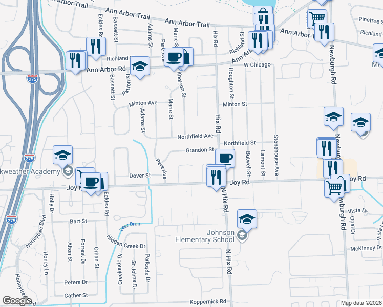 map of restaurants, bars, coffee shops, grocery stores, and more near 38655 Grandon Street in Livonia