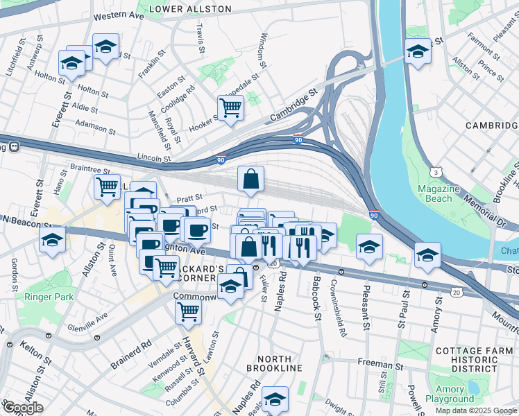 map of restaurants, bars, coffee shops, grocery stores, and more near 69 Ashford Street in Boston