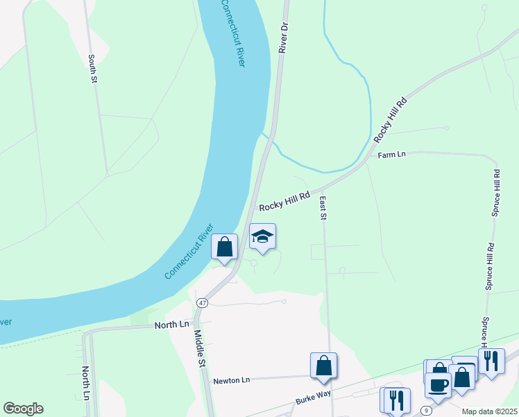 map of restaurants, bars, coffee shops, grocery stores, and more near 1 Rocky Hill Road in Hadley