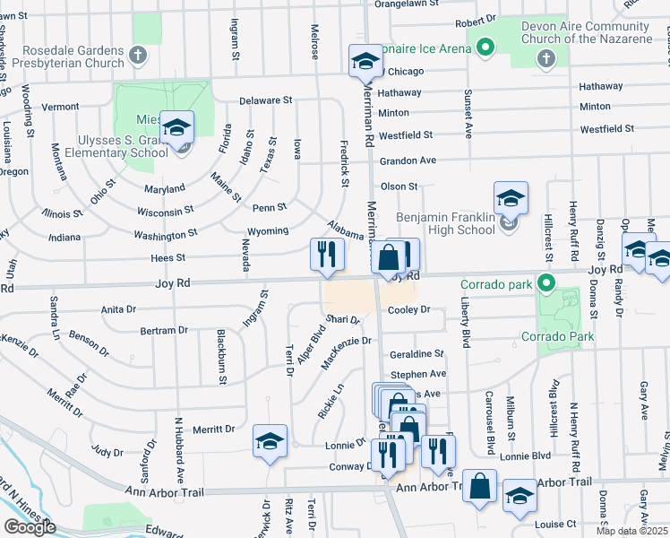 map of restaurants, bars, coffee shops, grocery stores, and more near 8812 Nebraska Street in Livonia