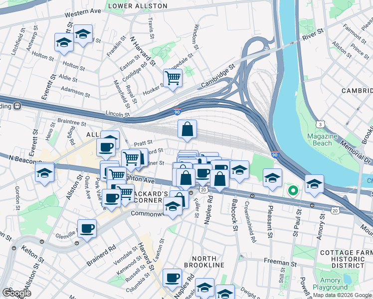 map of restaurants, bars, coffee shops, grocery stores, and more near 69 Ashford Street in Boston
