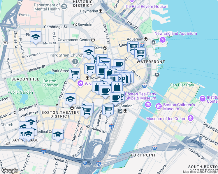 map of restaurants, bars, coffee shops, grocery stores, and more near 115 Federal Street in Boston