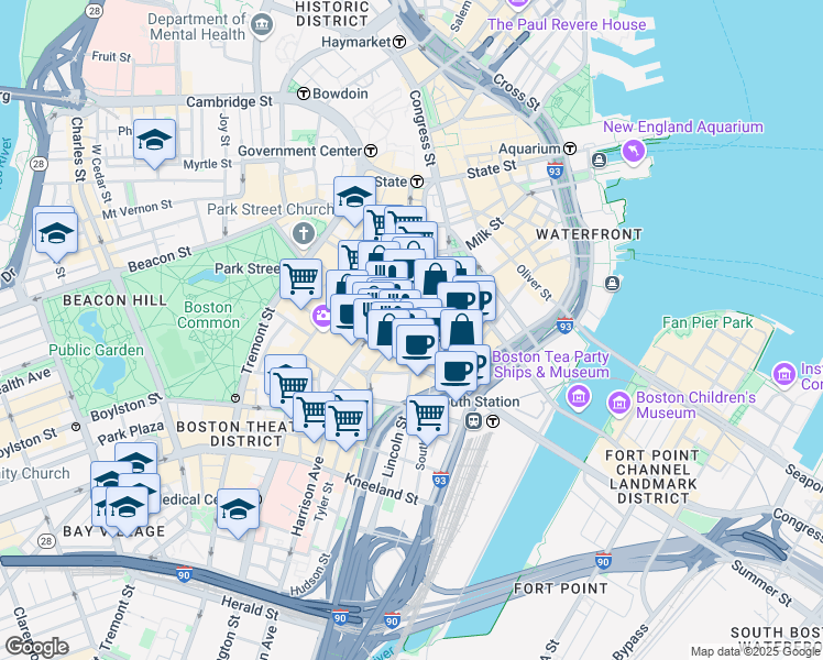 map of restaurants, bars, coffee shops, grocery stores, and more near 1 Winthrop Square in Boston
