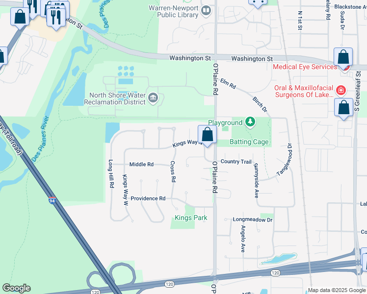 map of restaurants, bars, coffee shops, grocery stores, and more near 419 Cross Road in Gurnee