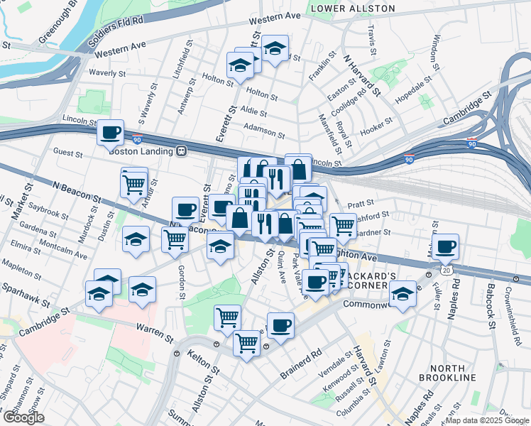 map of restaurants, bars, coffee shops, grocery stores, and more near B2 Cambridge Street in Boston