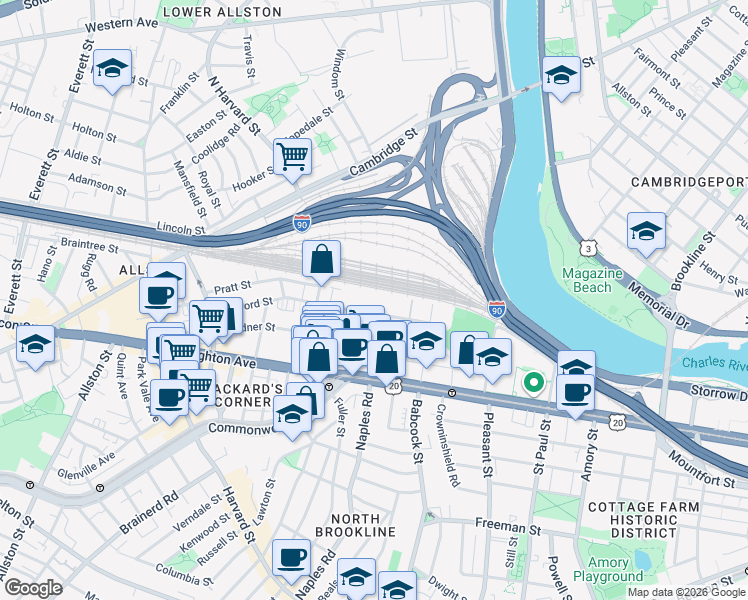 map of restaurants, bars, coffee shops, grocery stores, and more near 89 Ashford Street in Boston