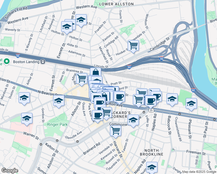 map of restaurants, bars, coffee shops, grocery stores, and more near 37 Linden St in ALLSTON