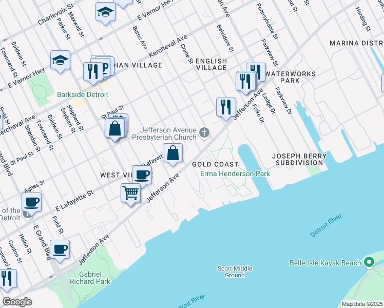 map of restaurants, bars, coffee shops, grocery stores, and more near in Detroit