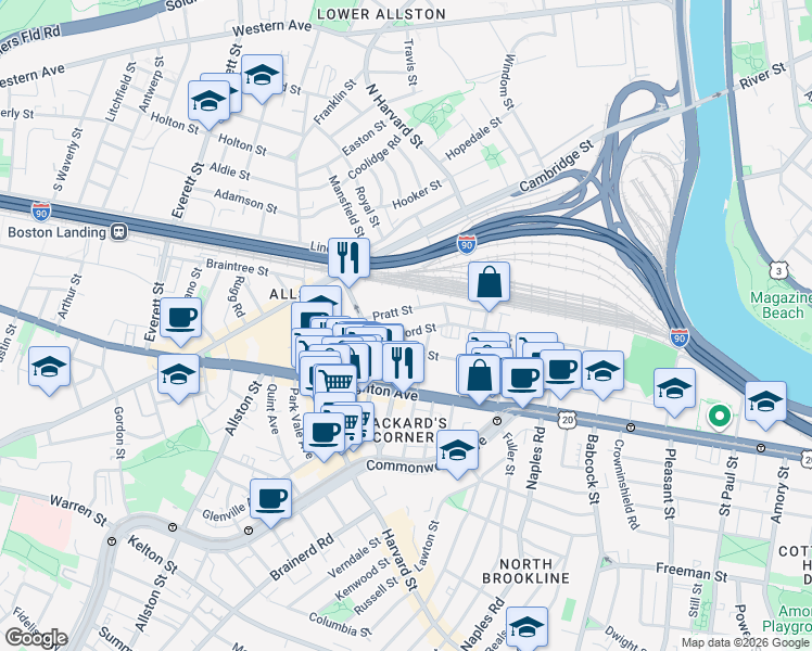map of restaurants, bars, coffee shops, grocery stores, and more near 56 Gardner Street in Boston
