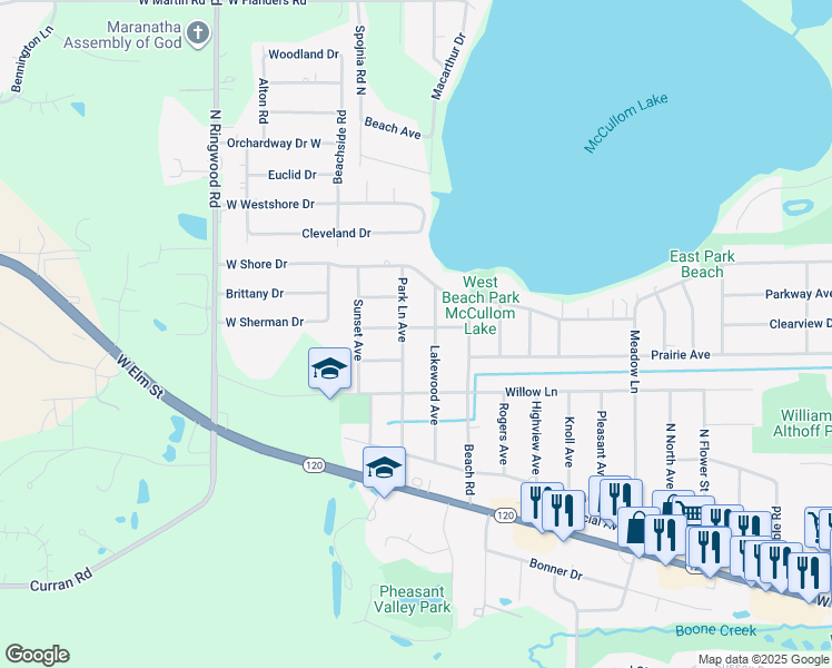 map of restaurants, bars, coffee shops, grocery stores, and more near 5203 Shorehill Drive in McHenry