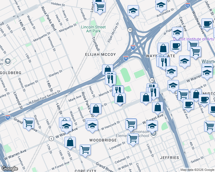 map of restaurants, bars, coffee shops, grocery stores, and more near 1541 Merrick Street in Detroit