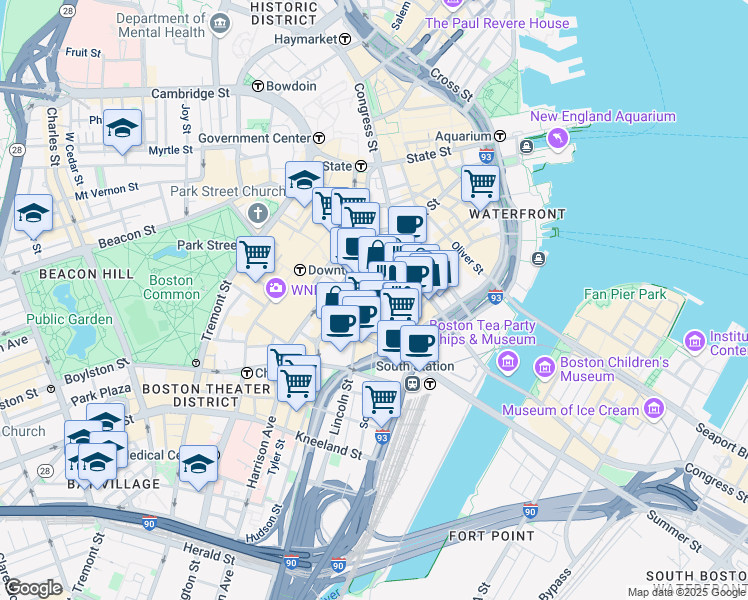 map of restaurants, bars, coffee shops, grocery stores, and more near 175 Federal Street in Boston