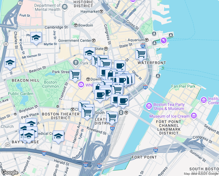 map of restaurants, bars, coffee shops, grocery stores, and more near 175 Federal Street in Boston