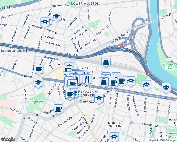 map of restaurants, bars, coffee shops, grocery stores, and more near 56 Gardner Street in Boston