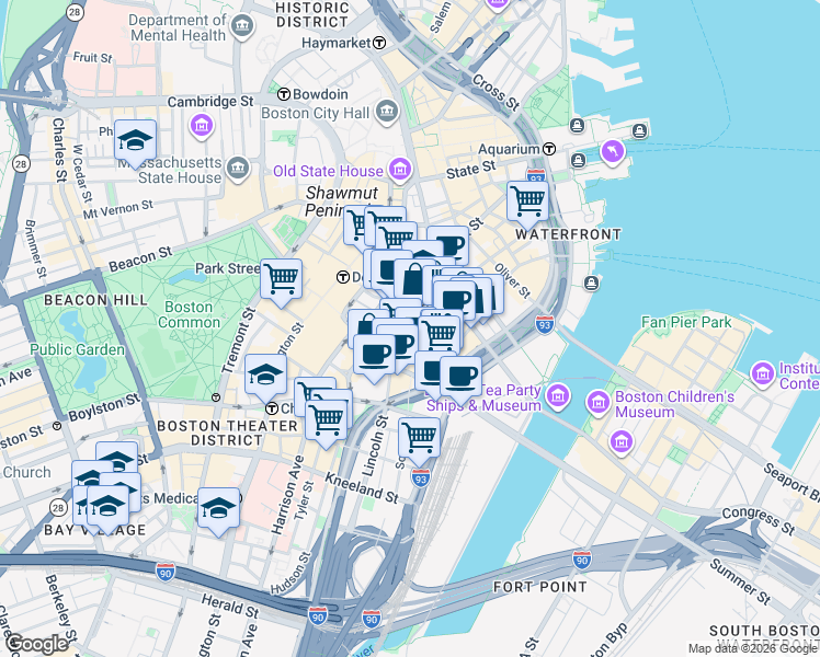 map of restaurants, bars, coffee shops, grocery stores, and more near 240 Devonshire Street in Boston