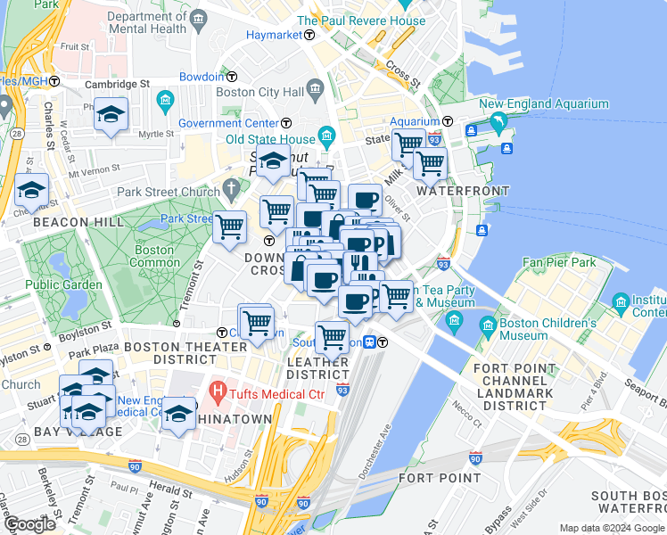 map of restaurants, bars, coffee shops, grocery stores, and more near 115 Federal Street in Boston