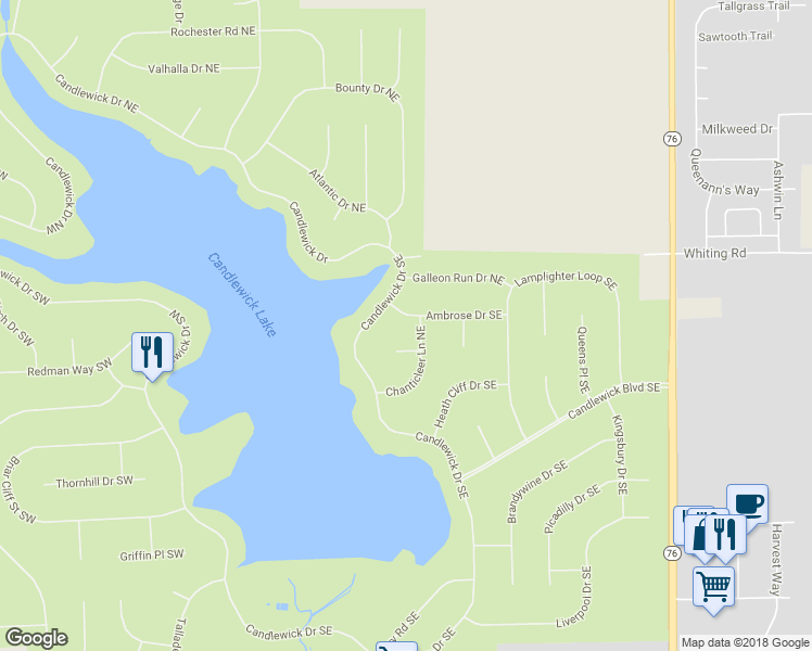 map of restaurants, bars, coffee shops, grocery stores, and more near 107 Ambrose Drive Northeast in Poplar Grove