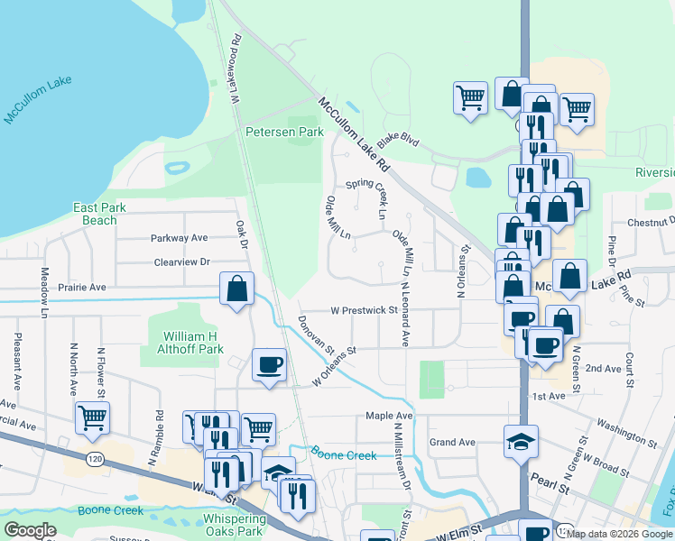 map of restaurants, bars, coffee shops, grocery stores, and more near 4003 Boone Creek Circle in McHenry