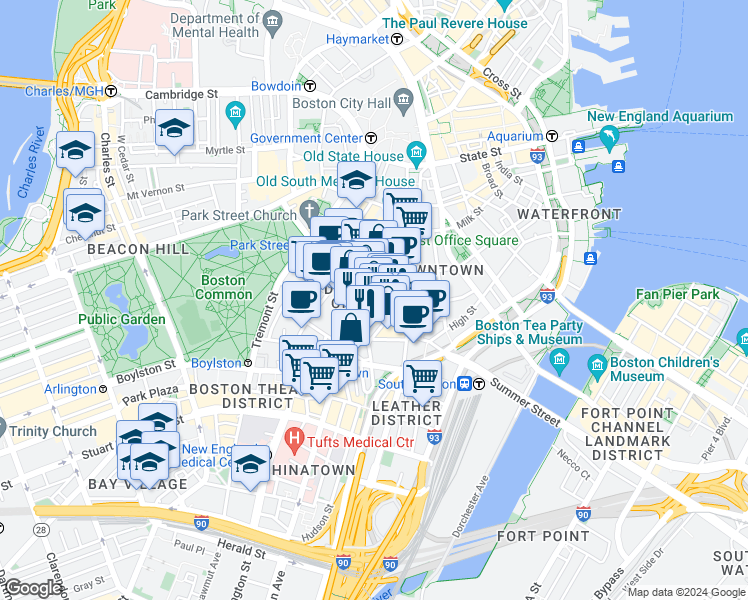 map of restaurants, bars, coffee shops, grocery stores, and more near 37 Summer Street in Boston