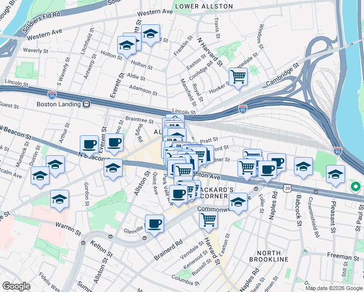map of restaurants, bars, coffee shops, grocery stores, and more near 9 Farrington Avenue in Boston