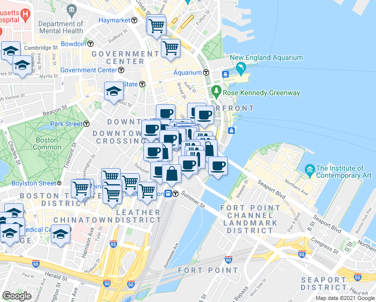 map of restaurants, bars, coffee shops, grocery stores, and more near 137-139 Pearl Street in Boston