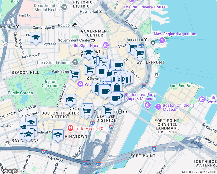 map of restaurants, bars, coffee shops, grocery stores, and more near 155 Federal Street in Boston
