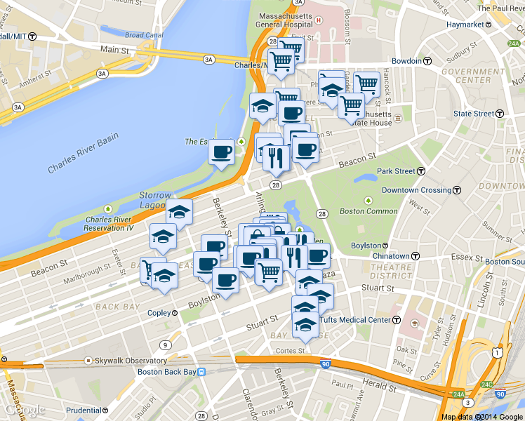 map of restaurants, bars, coffee shops, grocery stores, and more near in Boston