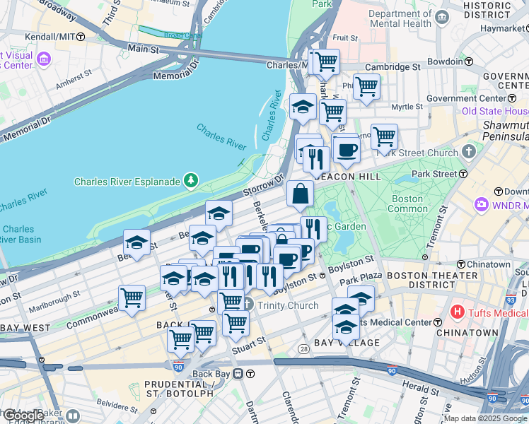 map of restaurants, bars, coffee shops, grocery stores, and more near 62 Marlborough Street in Boston