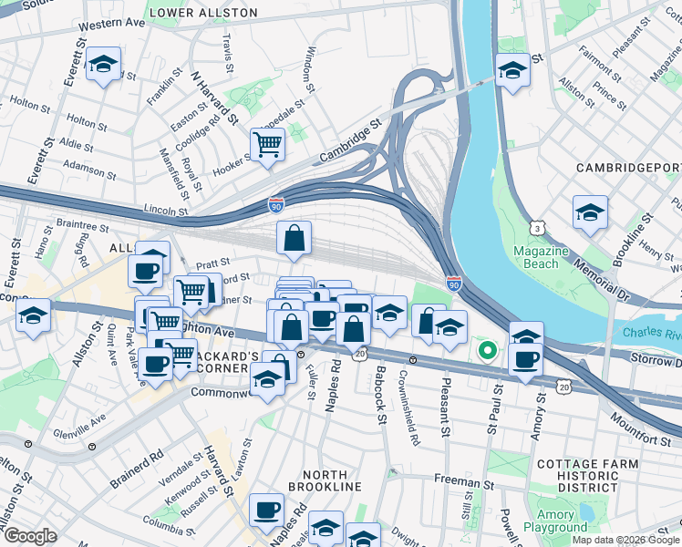 map of restaurants, bars, coffee shops, grocery stores, and more near 89 Ashford Street in Boston