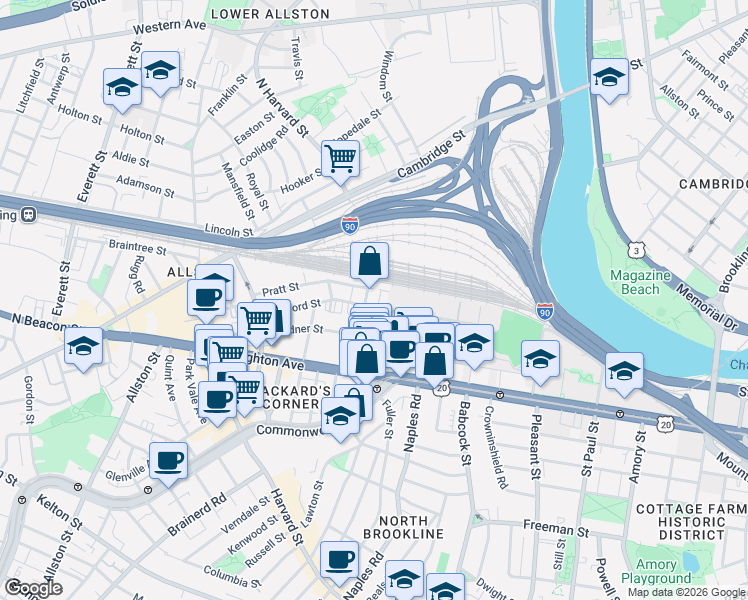 map of restaurants, bars, coffee shops, grocery stores, and more near 69 Ashford Street in Boston