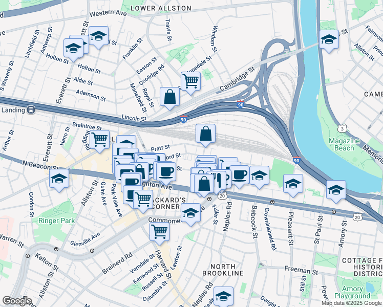 map of restaurants, bars, coffee shops, grocery stores, and more near 72 Gardner Street in Boston