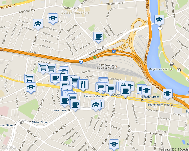 map of restaurants, bars, coffee shops, grocery stores, and more near 72 Gardner Street in Boston