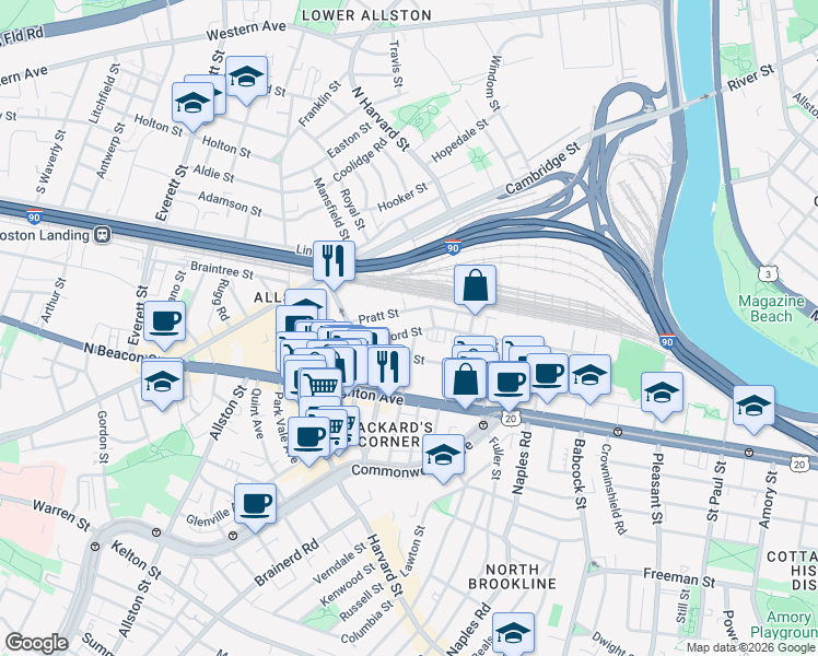 map of restaurants, bars, coffee shops, grocery stores, and more near in Boston