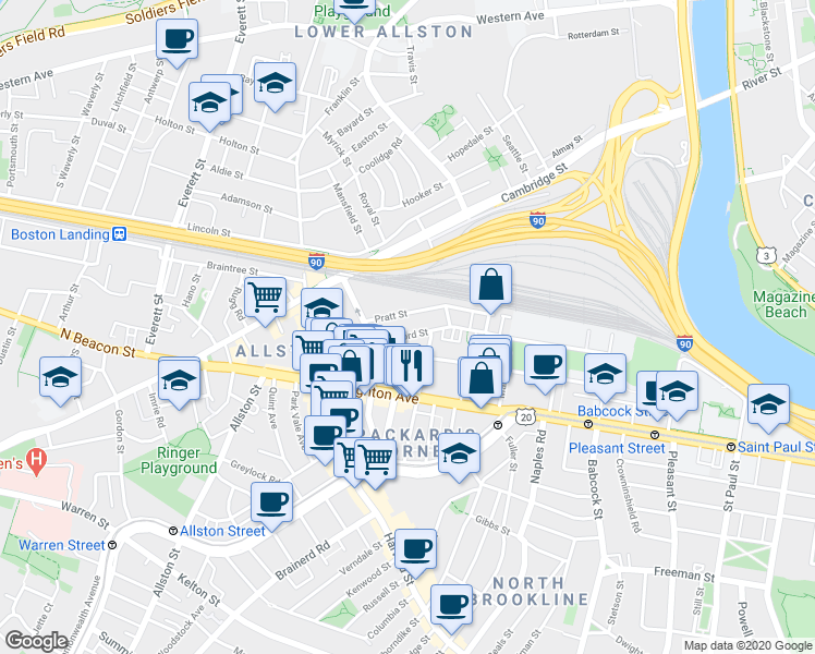 map of restaurants, bars, coffee shops, grocery stores, and more near in Boston