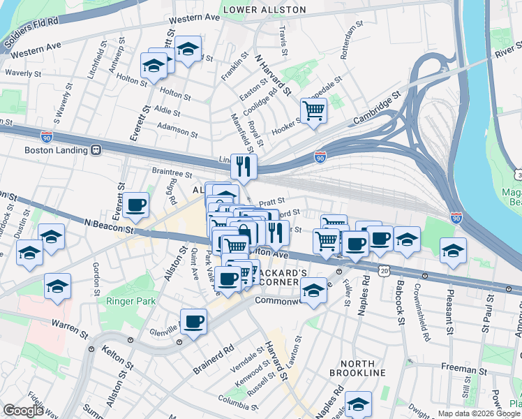 map of restaurants, bars, coffee shops, grocery stores, and more near in Boston