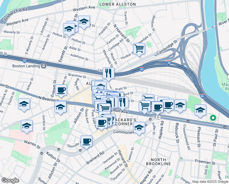 map of restaurants, bars, coffee shops, grocery stores, and more near in Boston