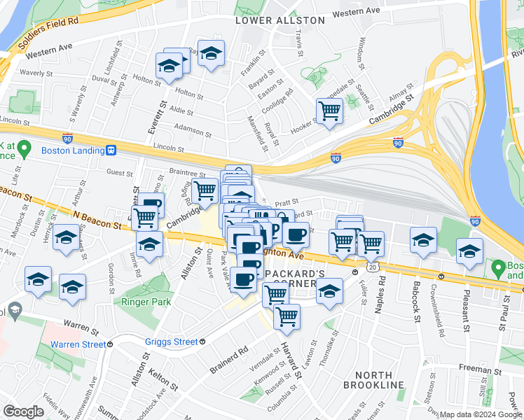 map of restaurants, bars, coffee shops, grocery stores, and more near 9 Farrington Avenue in Boston