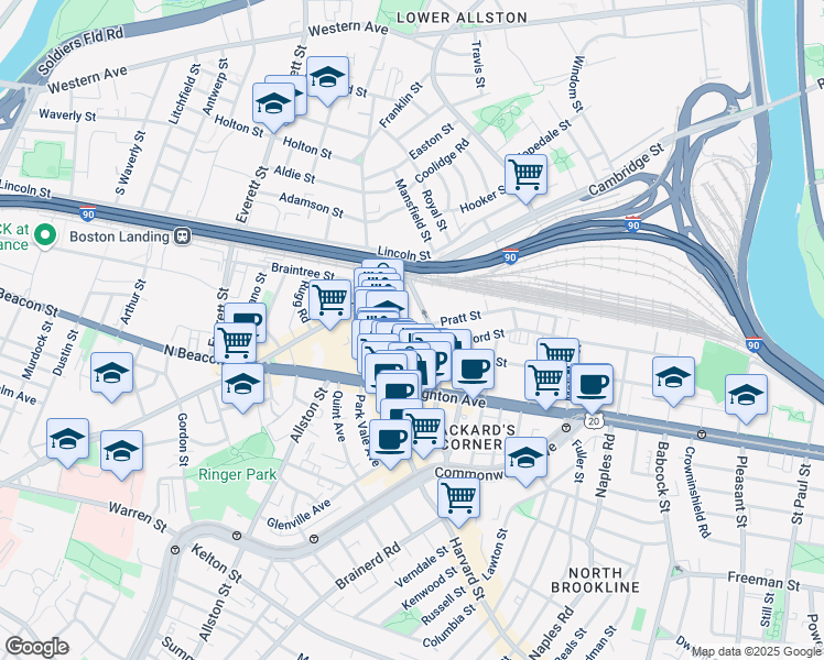 map of restaurants, bars, coffee shops, grocery stores, and more near 9 Farrington Avenue in Boston