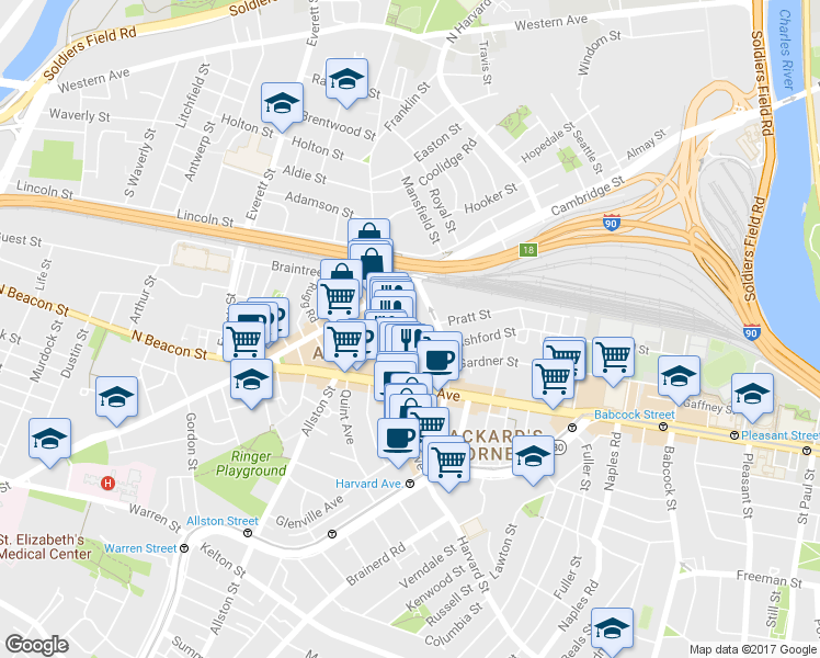 map of restaurants, bars, coffee shops, grocery stores, and more near 9 Farrington Avenue in Boston